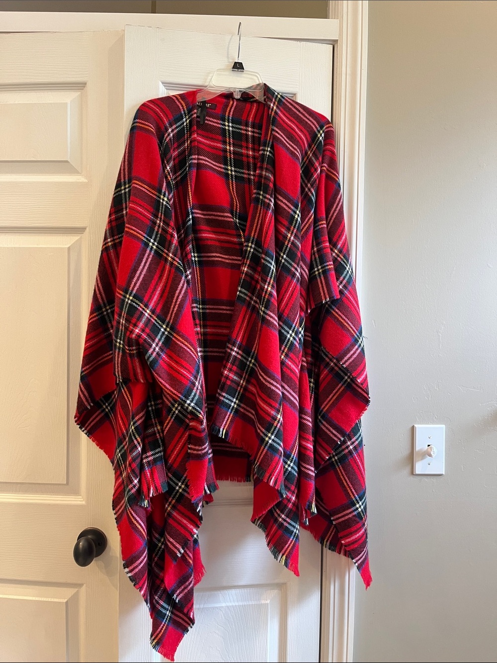Red Plaid Open-Front Poncho Wrap with Fringe - Women Jackets & Coats
